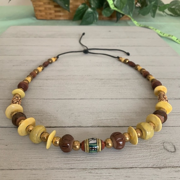 Tribal Boho Necklace Wood Ceramic African Ethnic Brass Painted Porcelain Bead 26 - Picture 2 of 16